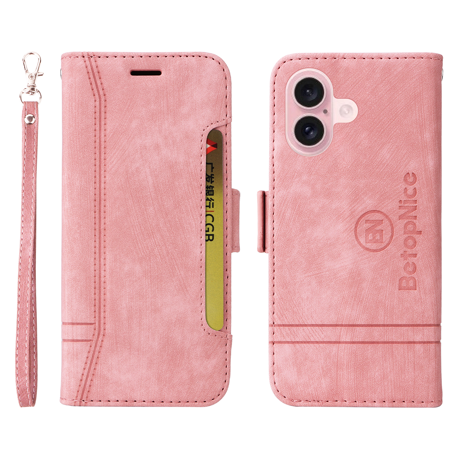 BETOPNICE 001 for iPhone 16 Case Leather Phone Cover Handbag Flip Stand Protective - Pink