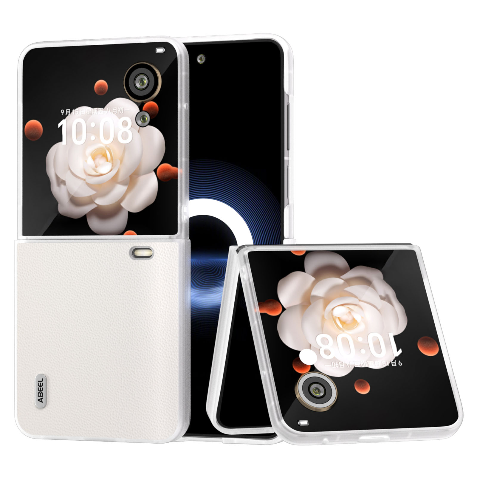 ABEEL For Honor Magic V Flip 5G Case Matte Grip Genuine Cow Leather+PC Phone Cover - White
