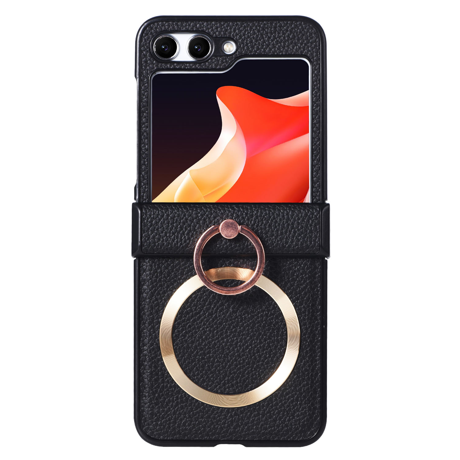 For Samsung Galaxy Z Flip7 FE 5G / Z Flip6 5G Magnetic Case with Ring Kickstand Leather + PC Phone Cover Hinge Protection - Black