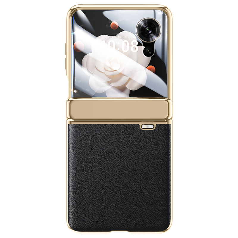 For Honor Magic V Flip 5G Case Electroplating Leather+PC Phone Cover with Rear Screen Film - Black