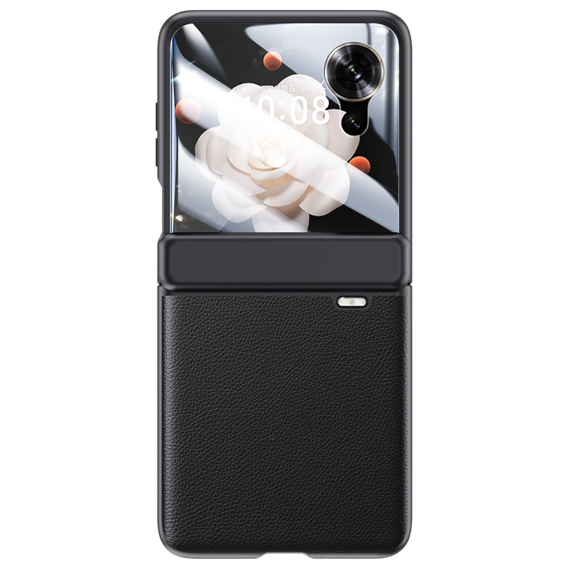 For Honor Magic V Flip 5G Case Hinge Protection Leather+PC Phone Cover with Rear Screen Film - Black