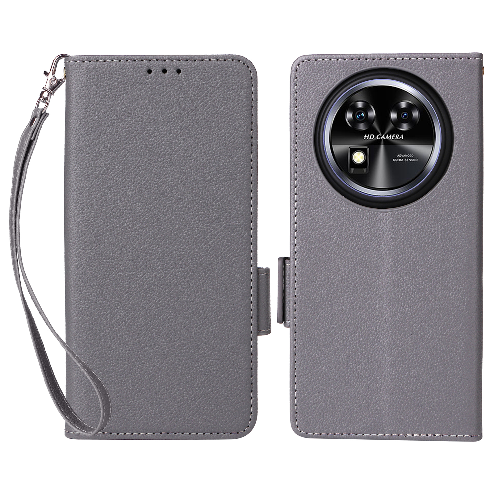 For Oukitel C37 Case with Wrist Strap Litchi Texture PU Leather Wallet Phone Cover - Grey