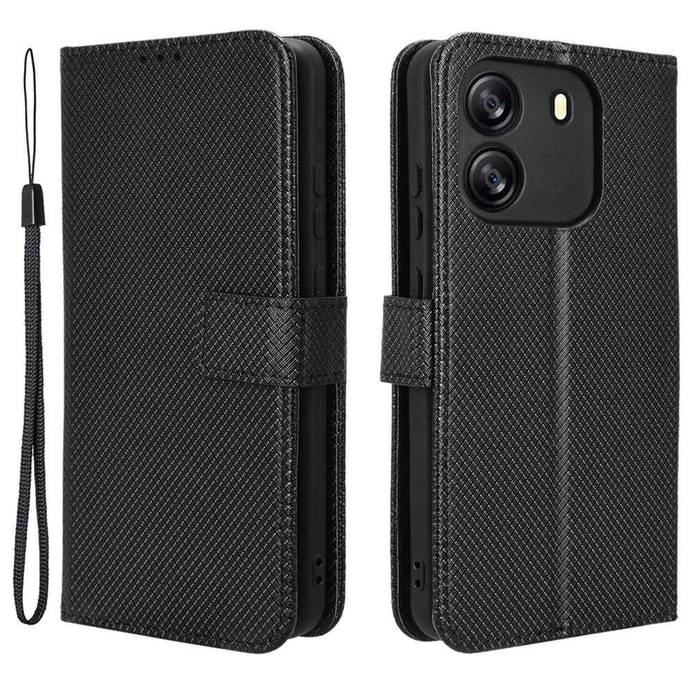 For Blackview Wave 6C Case Diamond Texture Leather Phone Cover with TPU Inner Shell - Black