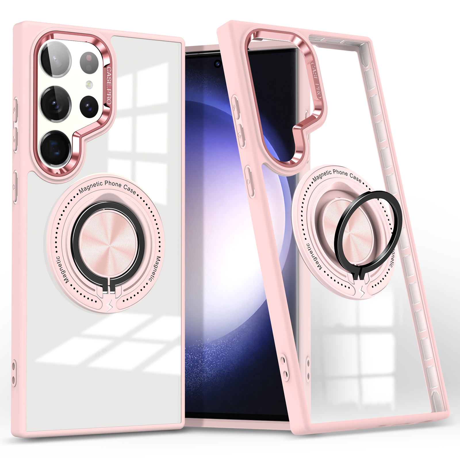For Samsung Galaxy S24 Ultra Magnetic Case PC+TPU Kickstand Phone Cover - Pink