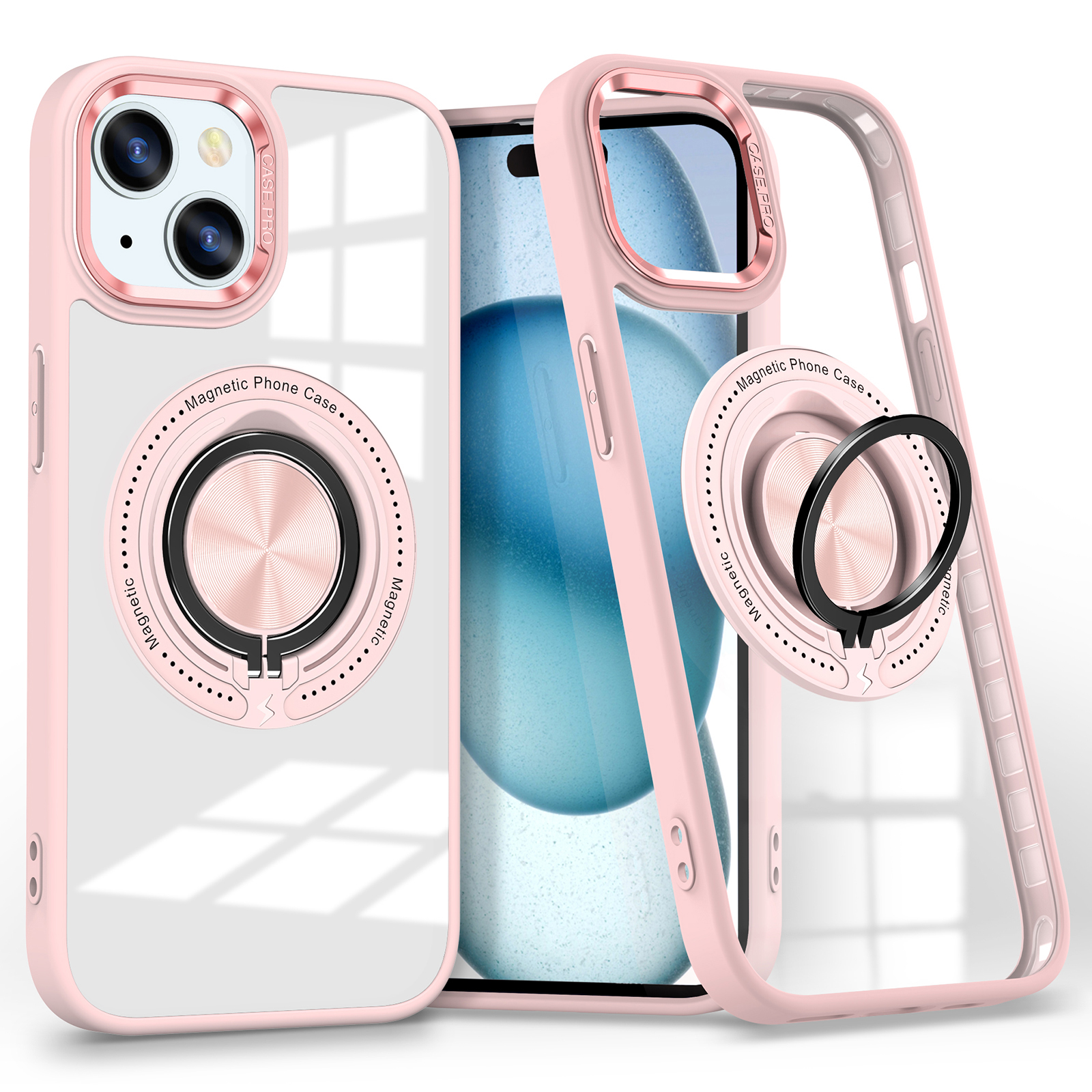 For iPhone 15 Case Compatible with MagSafe PC+TPU Kickstand Transparent Phone Cover -  Pink