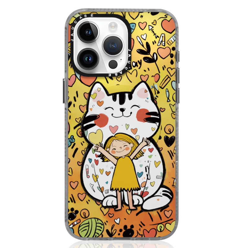 JAUCASE For iPhone 15 Pro Case Compatible with MagSafe PC+TPU Phone Cover Cartoon Cat - Yellow