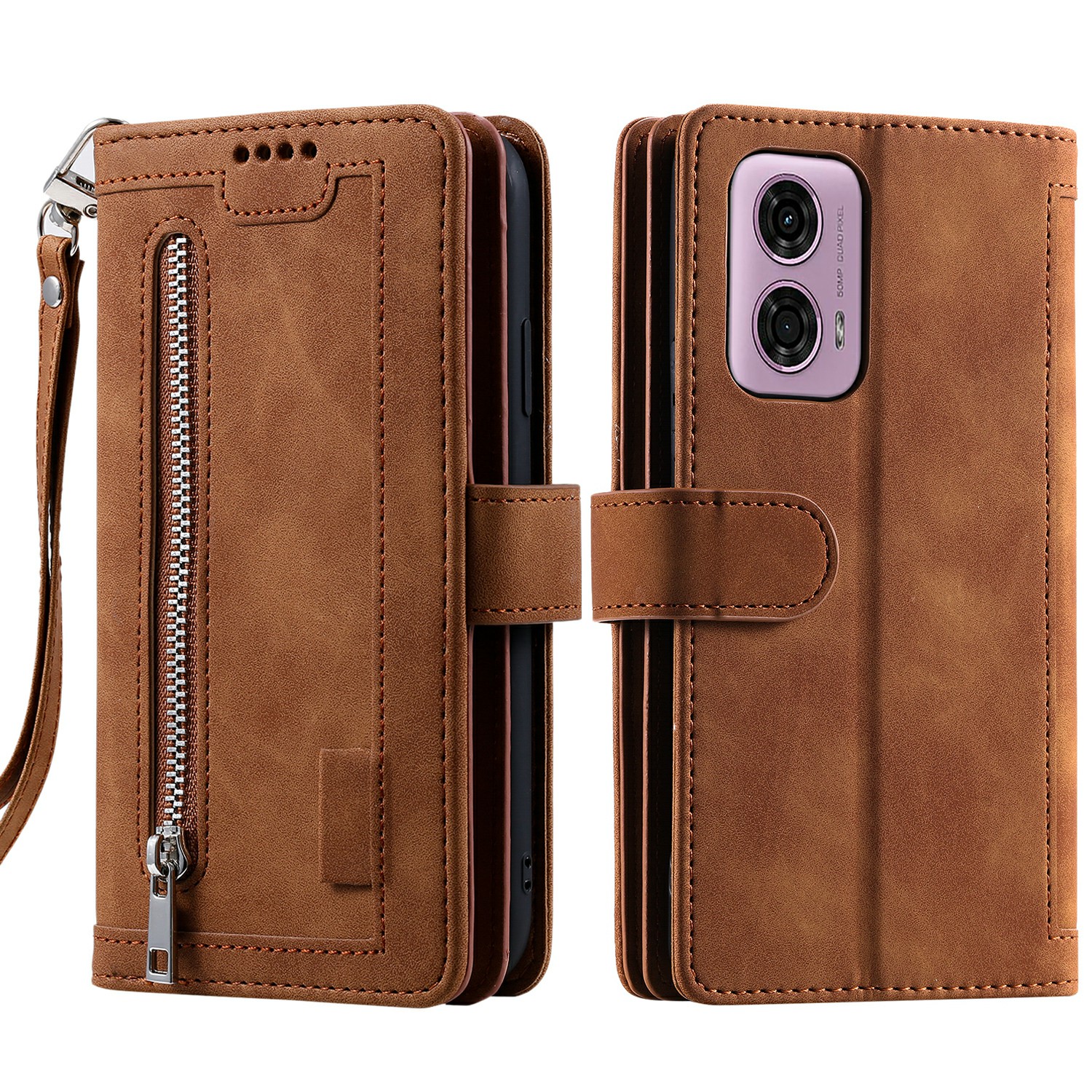 For Motorola Moto G85 5G / S50 Neo 5G Case Zipper Leather Phone Cover with 9 Card Slots - Brown