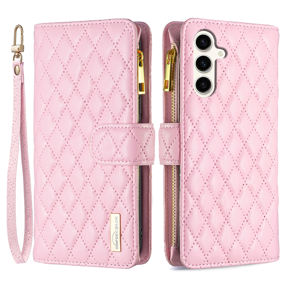 BINFEN COLOR BF Style-15 For Samsung Galaxy S24 FE Case PU Leather Zipper Pocket Phone Cover - Pink