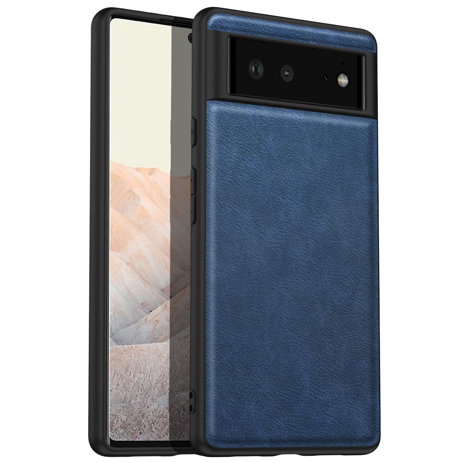 

Für Google Pixel 6 Schocksicheres Retro-telefongehäuse Anti-fall-pu-leder-beschichtete Tpu+pc-telefonabdeckung - Blau, Google Pixel 6