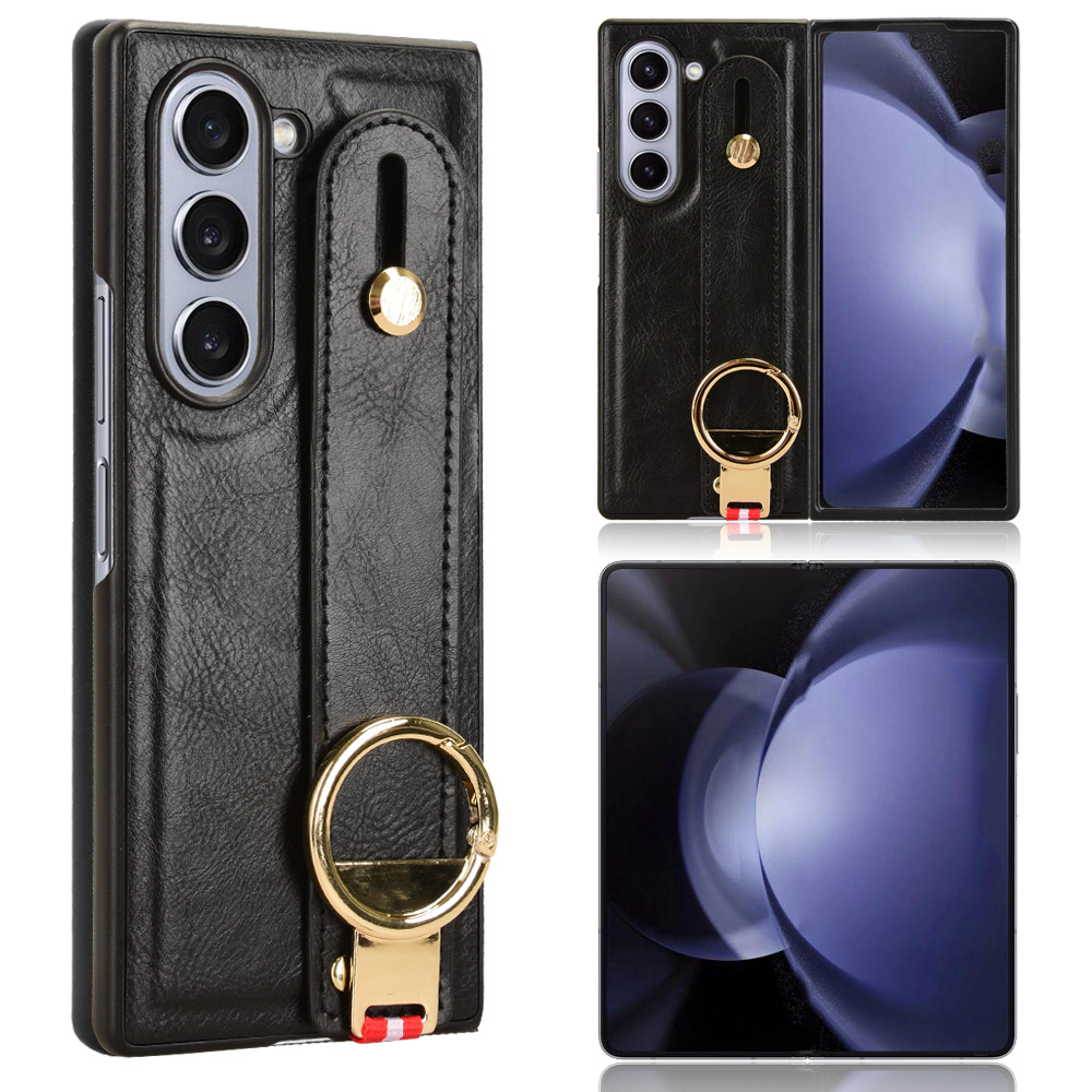 For Samsung Galaxy Z Fold6 5G Case Leather+PC+TPU Wristband Cover with Bottle Opener Ring - Black