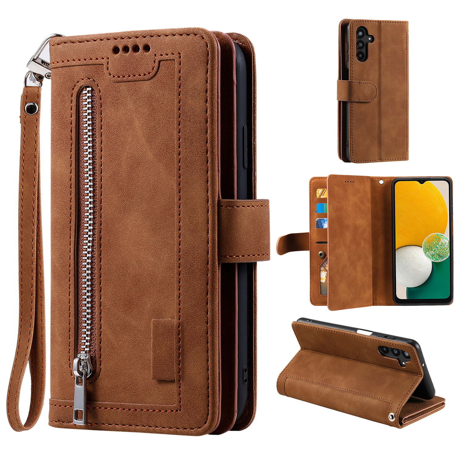 For Samsung Galaxy S24 FE Case Zipper Pocket PU Leather Phone Cover with 9 Card Slots - Brown