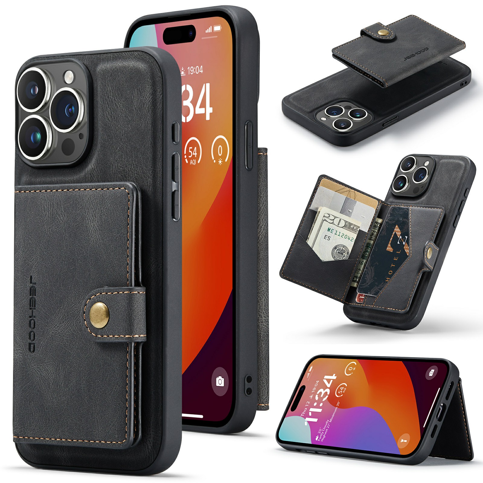 JEEHOOD J01 For iPhone 15 Pro Max Case Leather+TPU Phone Cover Detachable Card Bag - Black