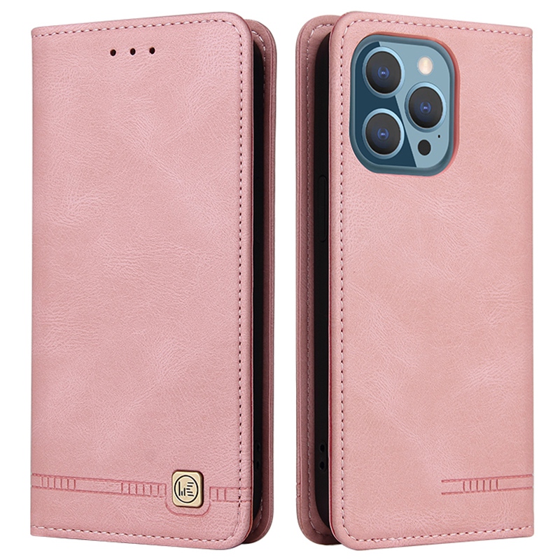 

For iPhone 14 Pro Max Magnetic Closure PU Leather Wallet Stand Cell Phone Case Hardware Decor Phone Cover - Rose Gold, iPhone 14 Pro Max