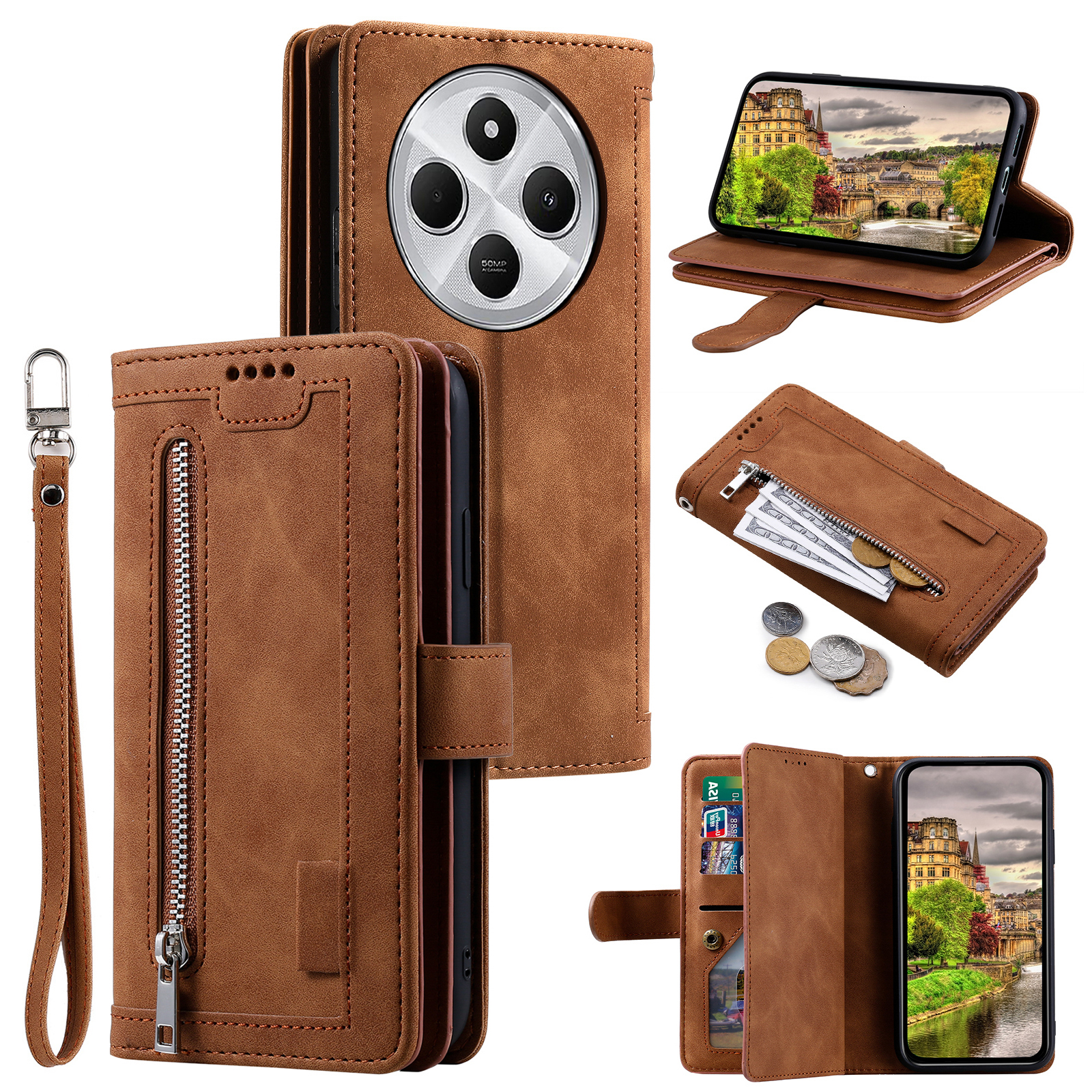 For Xiaomi Poco C75 4G / Redmi 14R 5G / 14C 4G Case Zipper Pocket PU Leather Phone Cover with 9 Card Slots - Brown