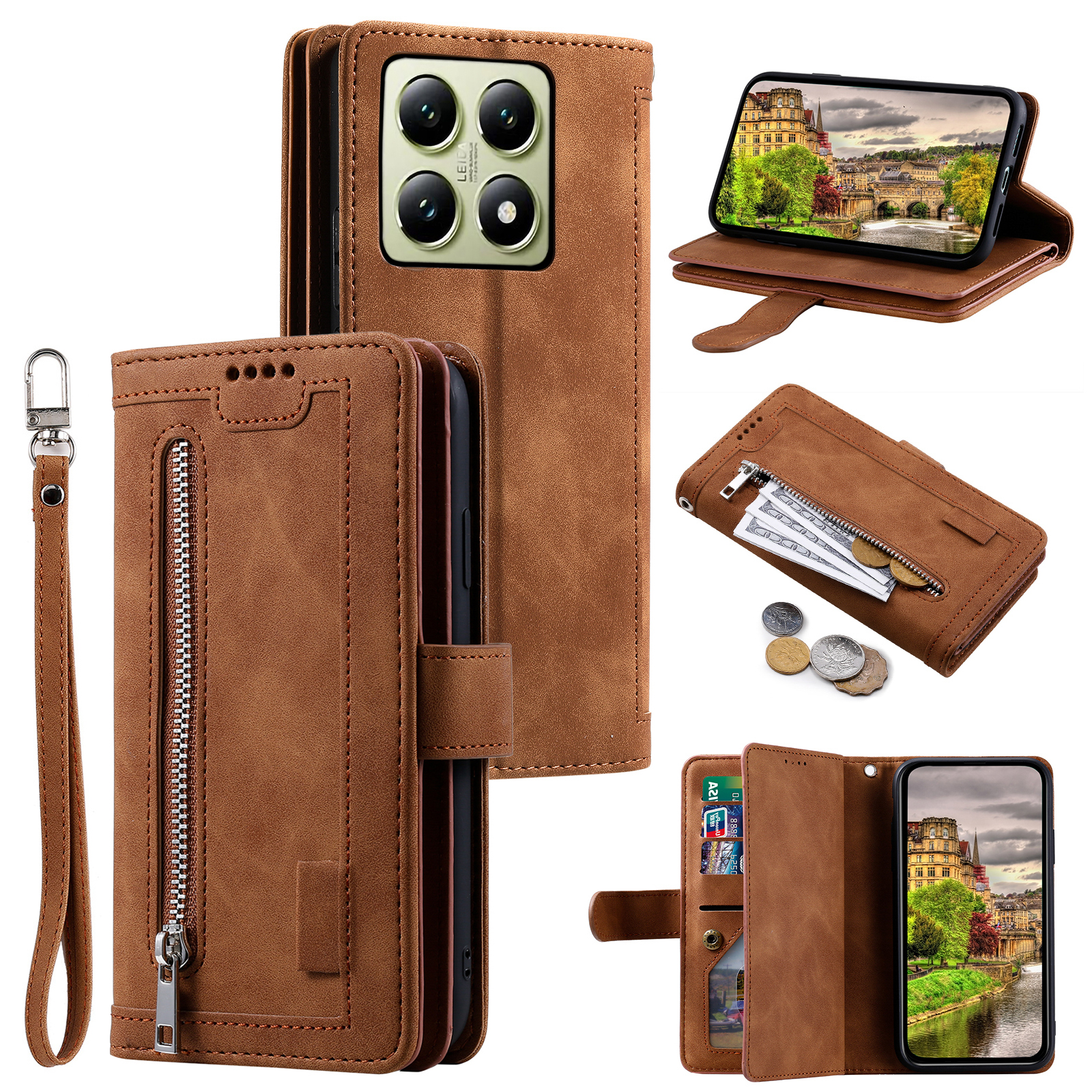 For Xiaomi 14T Phone Case Zipper Pocket 9 Card Slots PU Leather Flip Cover - Brown
