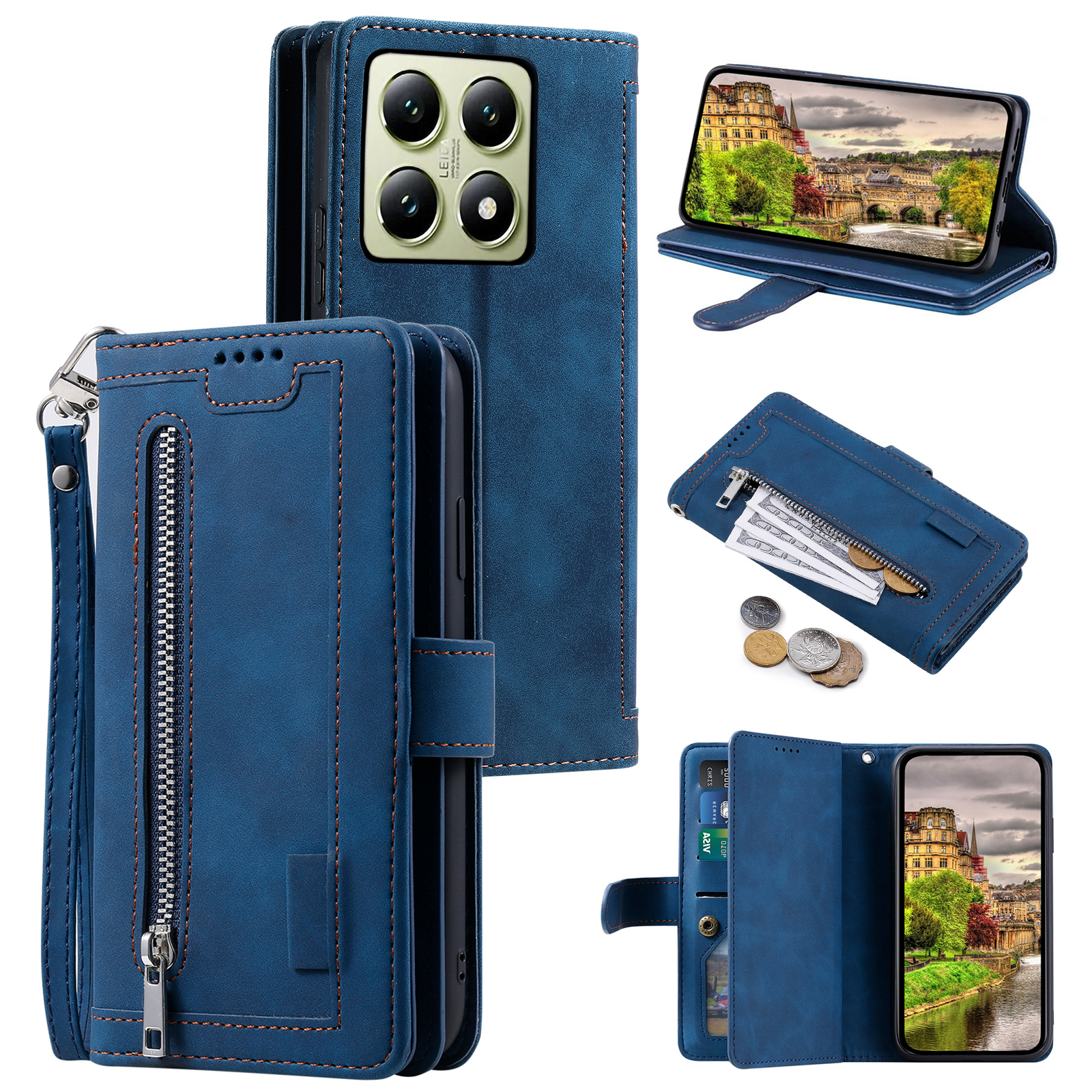 For Xiaomi 14T Phone Case Zipper Pocket 9 Card Slots PU Leather Flip Cover - Blue