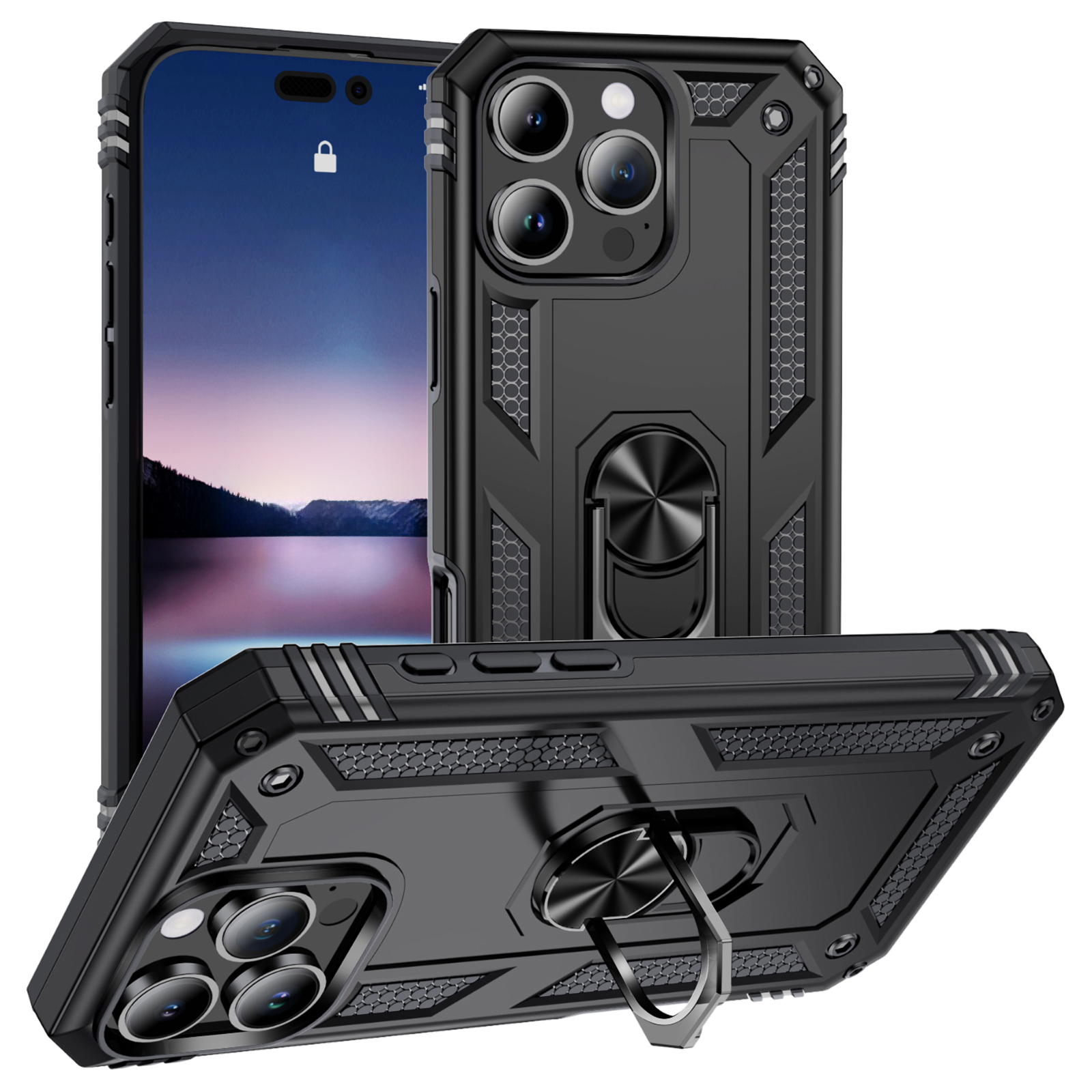 For iPhone 16 Pro Case PC+TPU Kickstand Phone Cover Support Magnetic Car Mount - Black