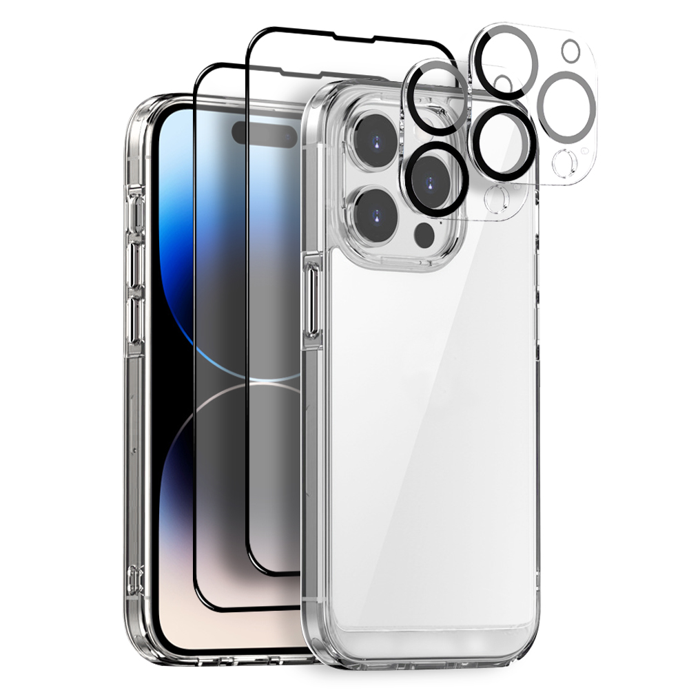 NORTHJO 5 in 1 For iPhone 14 Pro Clear Case PC+TPU Phone Cover Set with 2 Screen Protector, 2 Camera Lens Protector