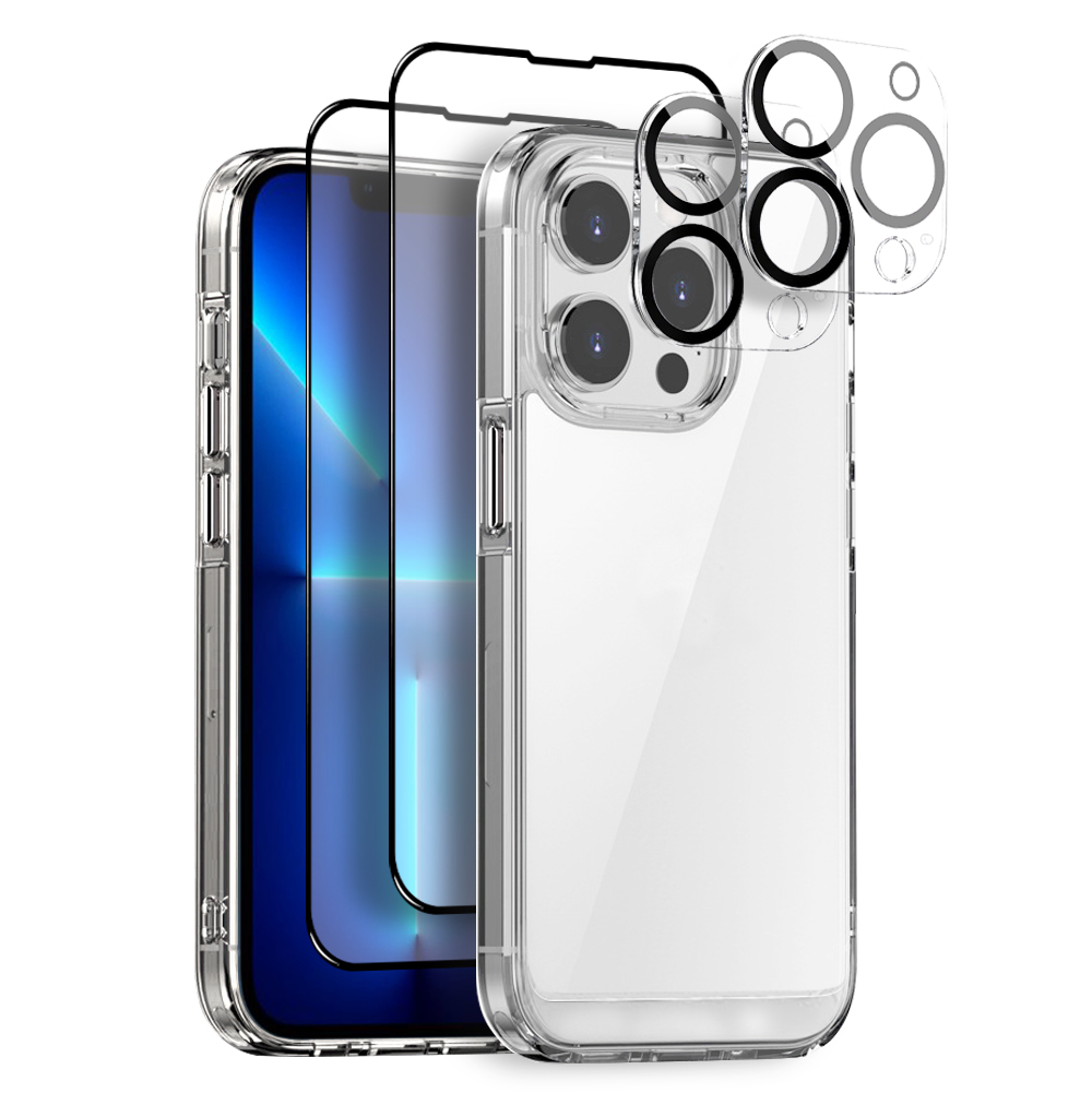 NORTHJO 5 in 1 For iPhone 13 Pro Clear Case PC+TPU Phone Cover Set with 2 Screen Protector, 2 Camera Lens Protector