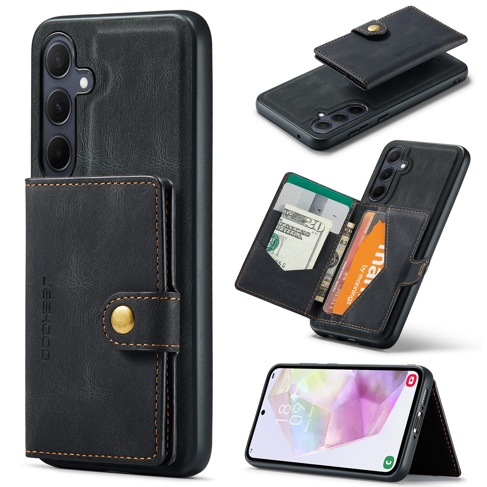 JEEHOOD J01 For Samsung Galaxy A35 5G Case Card Bag Retro Leather+TPU Phone Cover - Black