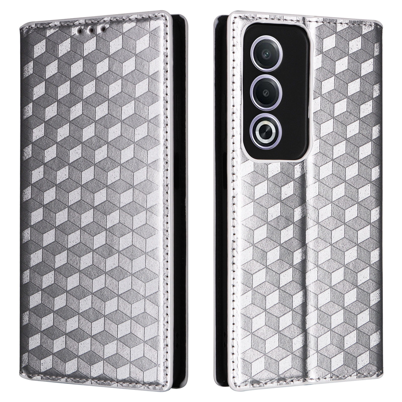 For Oppo A80 5G / A3 Pro (Global) 5G / K12x 5G (India) / A3x 5G (China) Case Leather Wallet Phone Cover Rhombus Imprinted - Silver