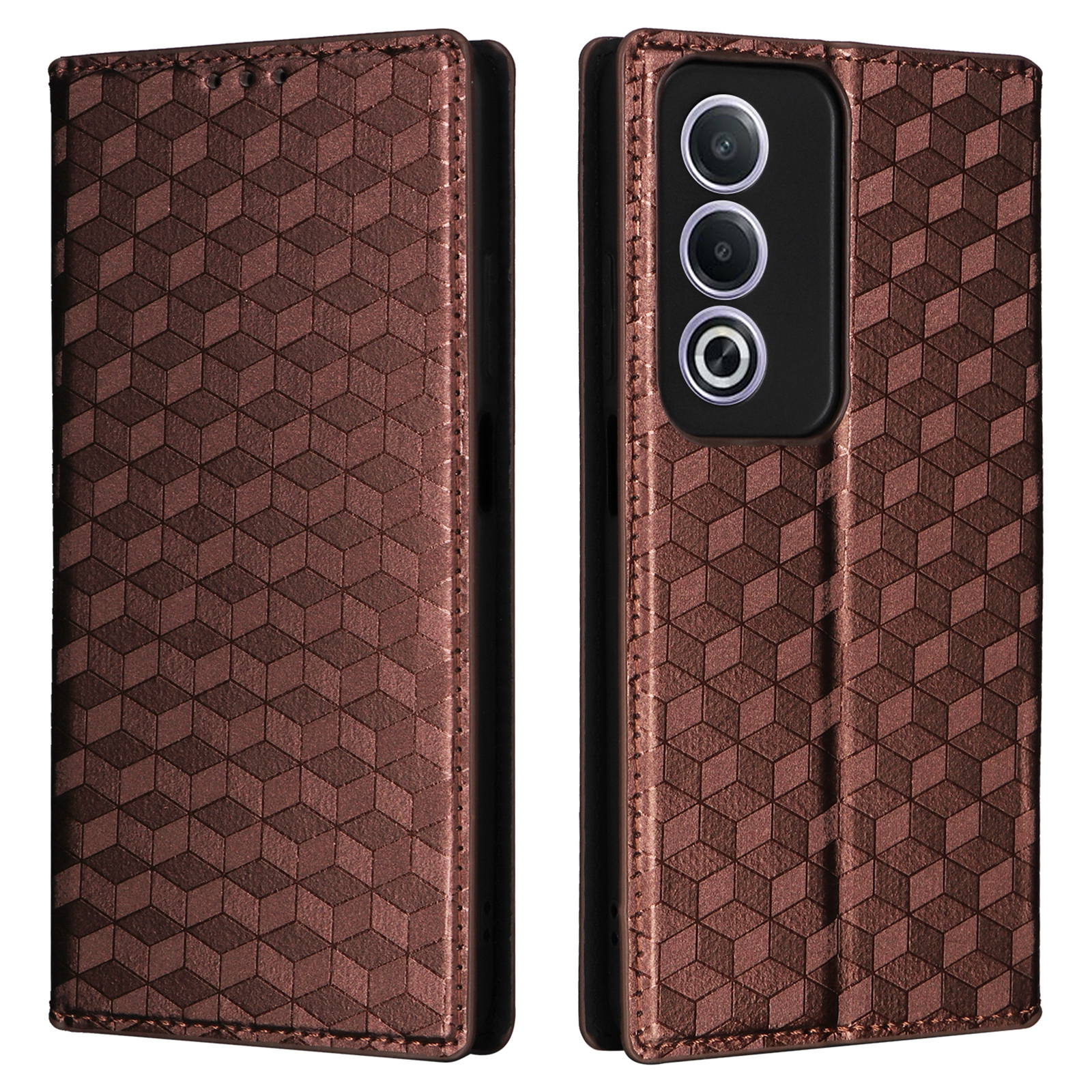 For Oppo A80 5G / A3 Pro (Global) 5G / K12x 5G (India) / A3x 5G (China) Case Leather Wallet Phone Cover Rhombus Imprinted - Brown