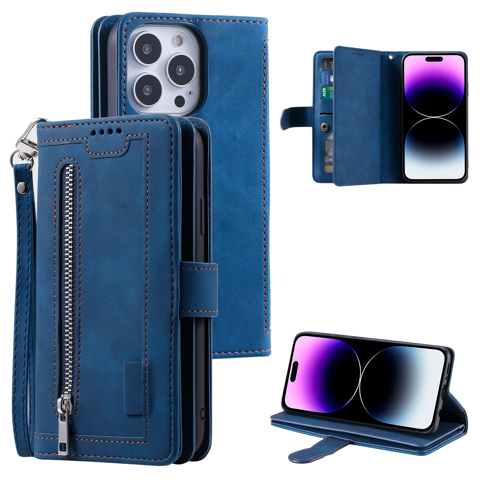 For iPhone 16 Pro Case PU Leather Phone Cover with Zipper Pocket 9 Card Slots - Blue