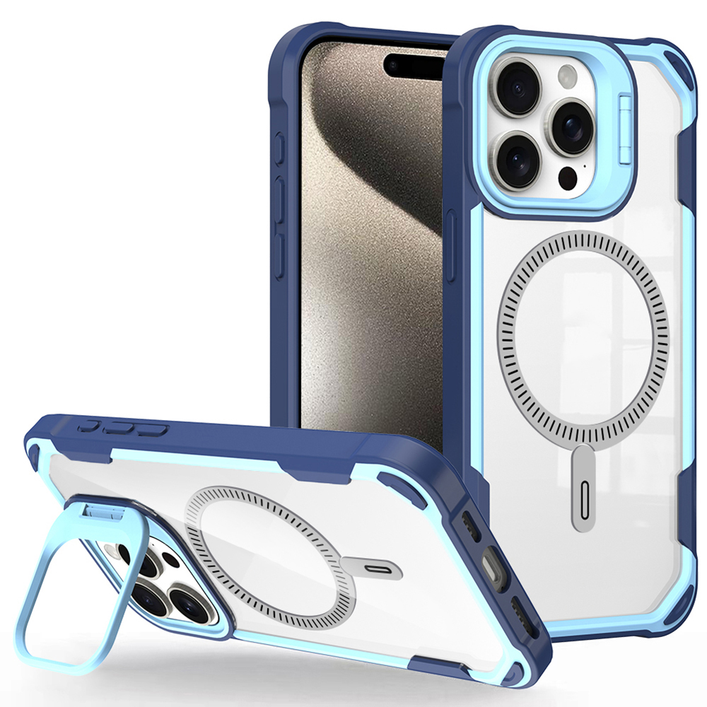 For iPhone 14 Pro Case PC+TPU+Acrylic Back Cover with Lens Kickstand Compatible with MagSafe - Blue
