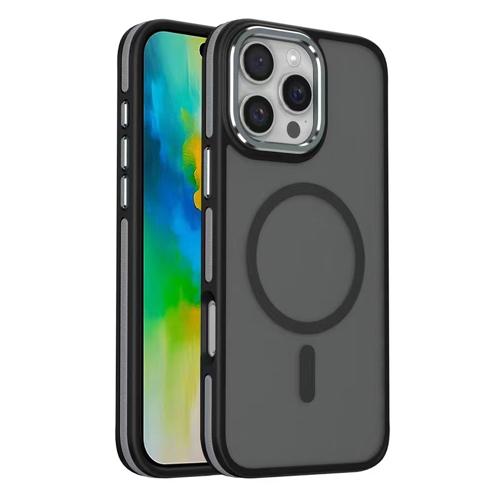 For iPhone 16 Pro Max Magnetic Case Colored Edge PC+TPU Phone Cover - Black