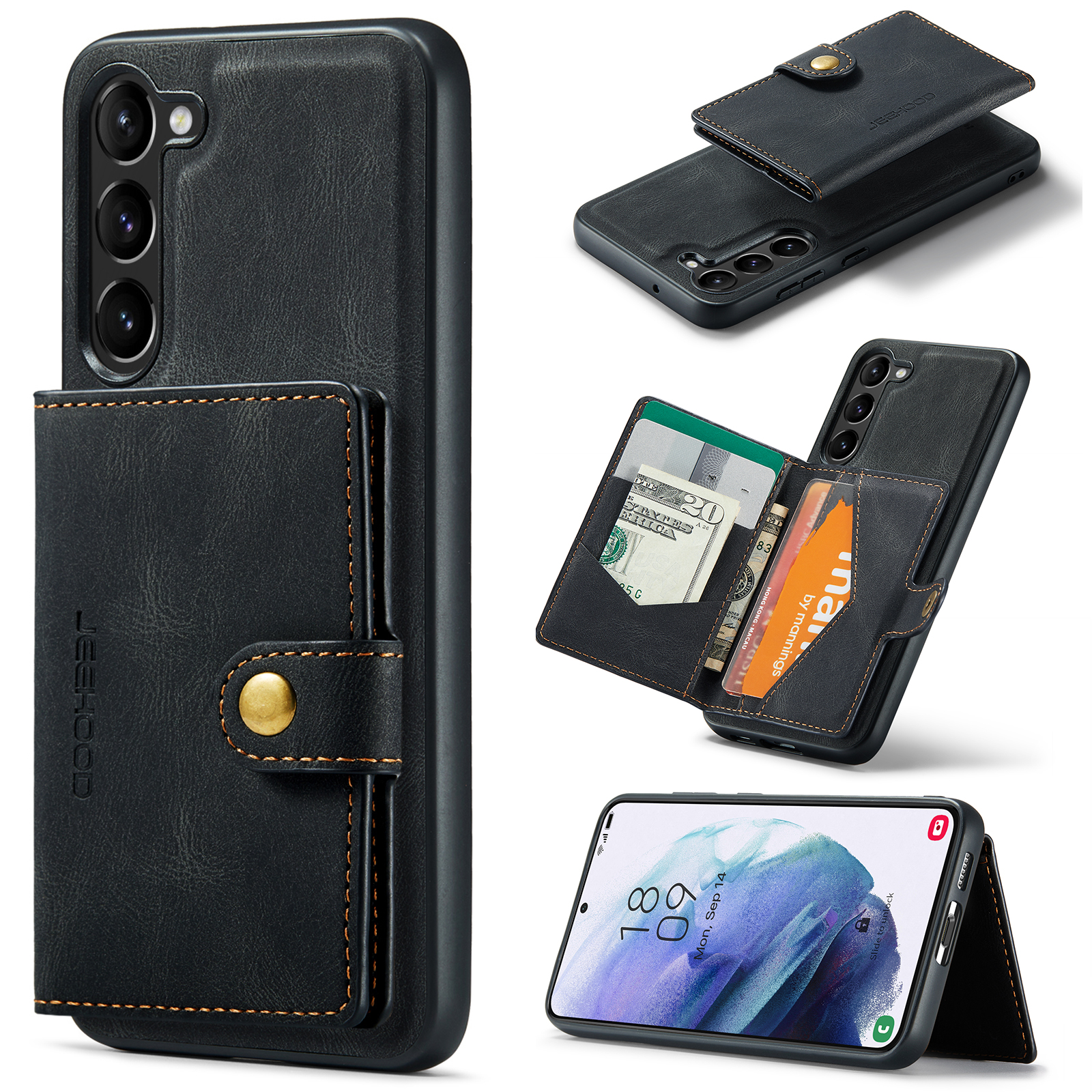 JEEHOOD J01 For Samsung Galaxy S23 Case Leather Back Cover with Detachable Card Holder Pocket - Black