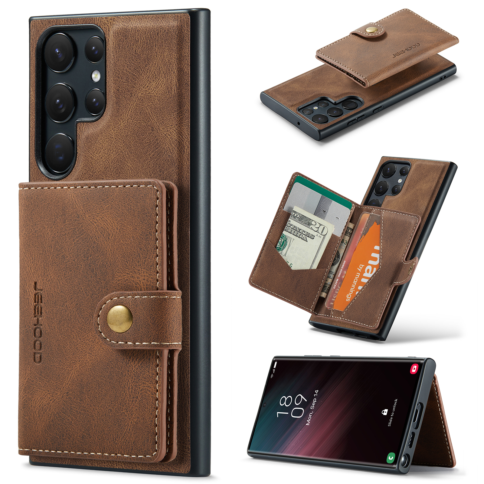 JEEHOOD J01 For Samsung Galaxy S23 Ultra Case Card Bag Leather + TPU Phone Cover Magnetic Case - Brown
