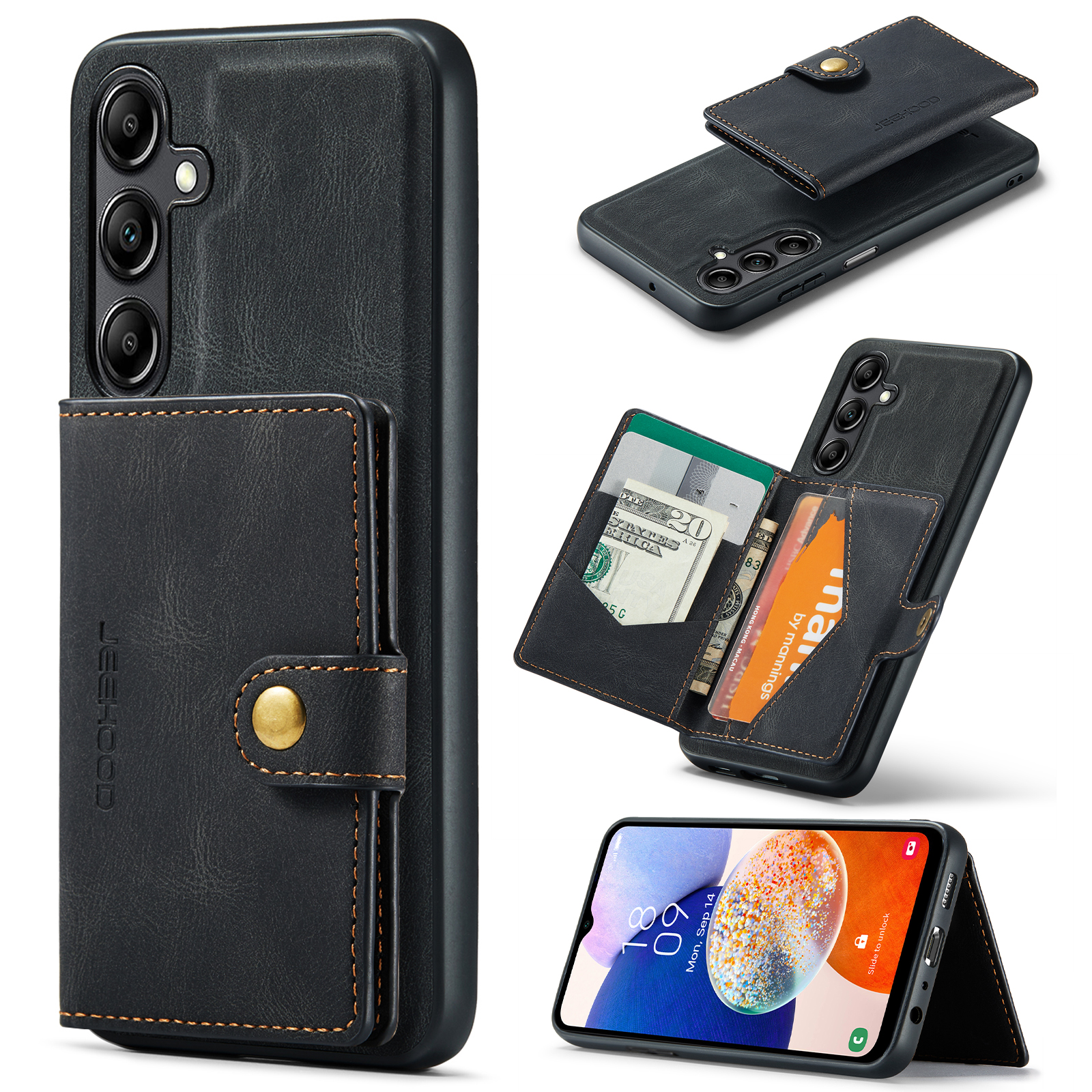 JEEHOOD J01 For Samsung Galaxy A13 5G Case Card Holder Kickstand Leather + TPU Phone Cover Detachable - Black