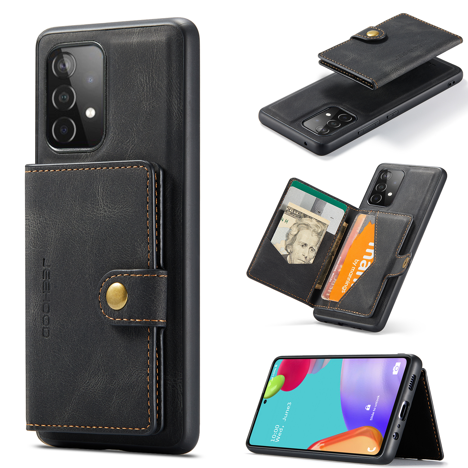 JEEHOOD J01 For Samsung Galaxy A33 5G Case Magnetic Detachabl Leather Back Cover Card Holder Pocket - Black