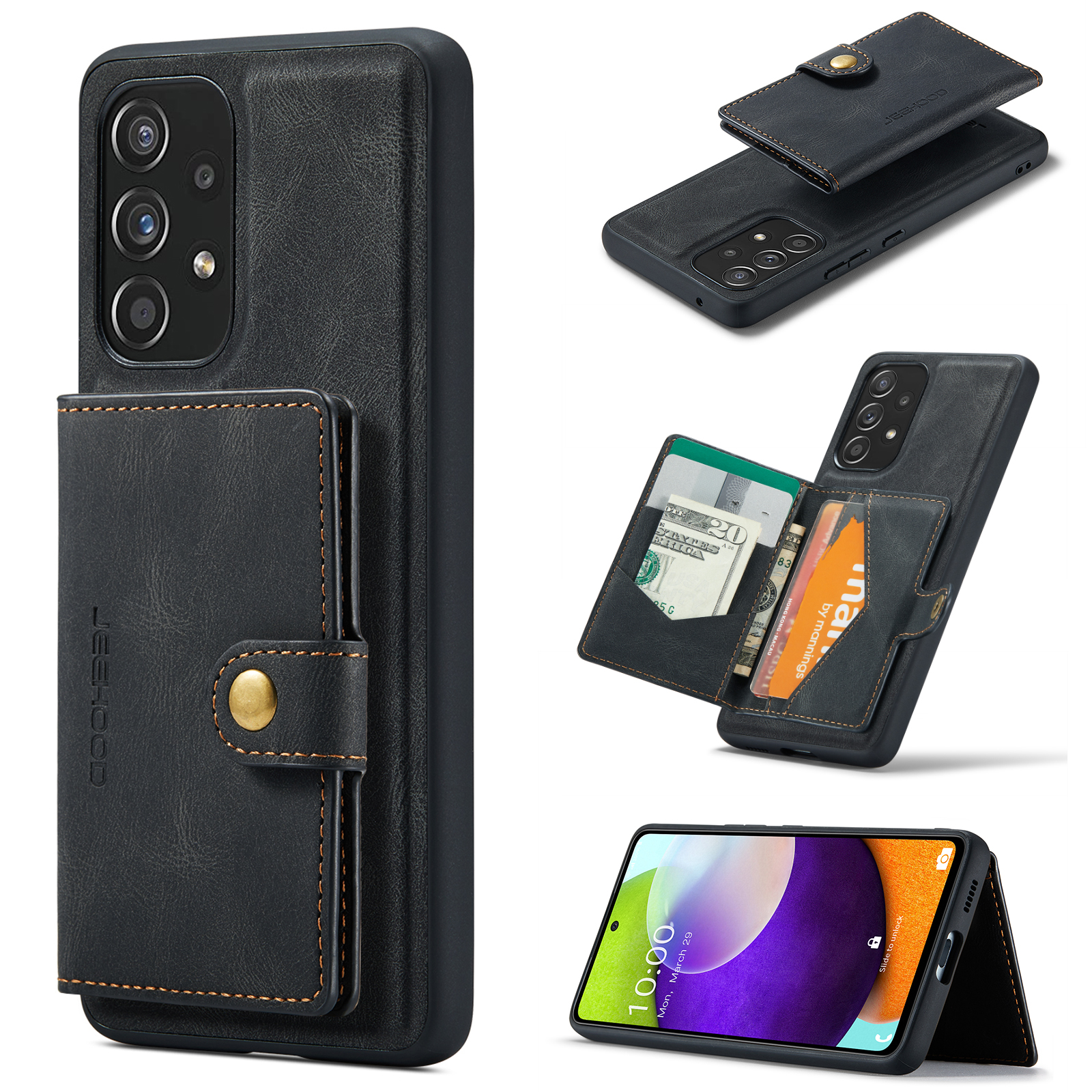 JEEHOOD J01 For Samsung Galaxy A53 5G Case Leather Phone Back Cover Magnetic Detachable Card Bag - Black