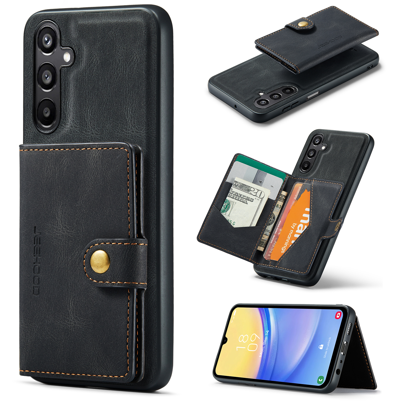 JEEHOOD J01 For Samsung Galaxy A15 4G / 5G Case Card Holder Detachable Leather + TPU Phone Cover - Black