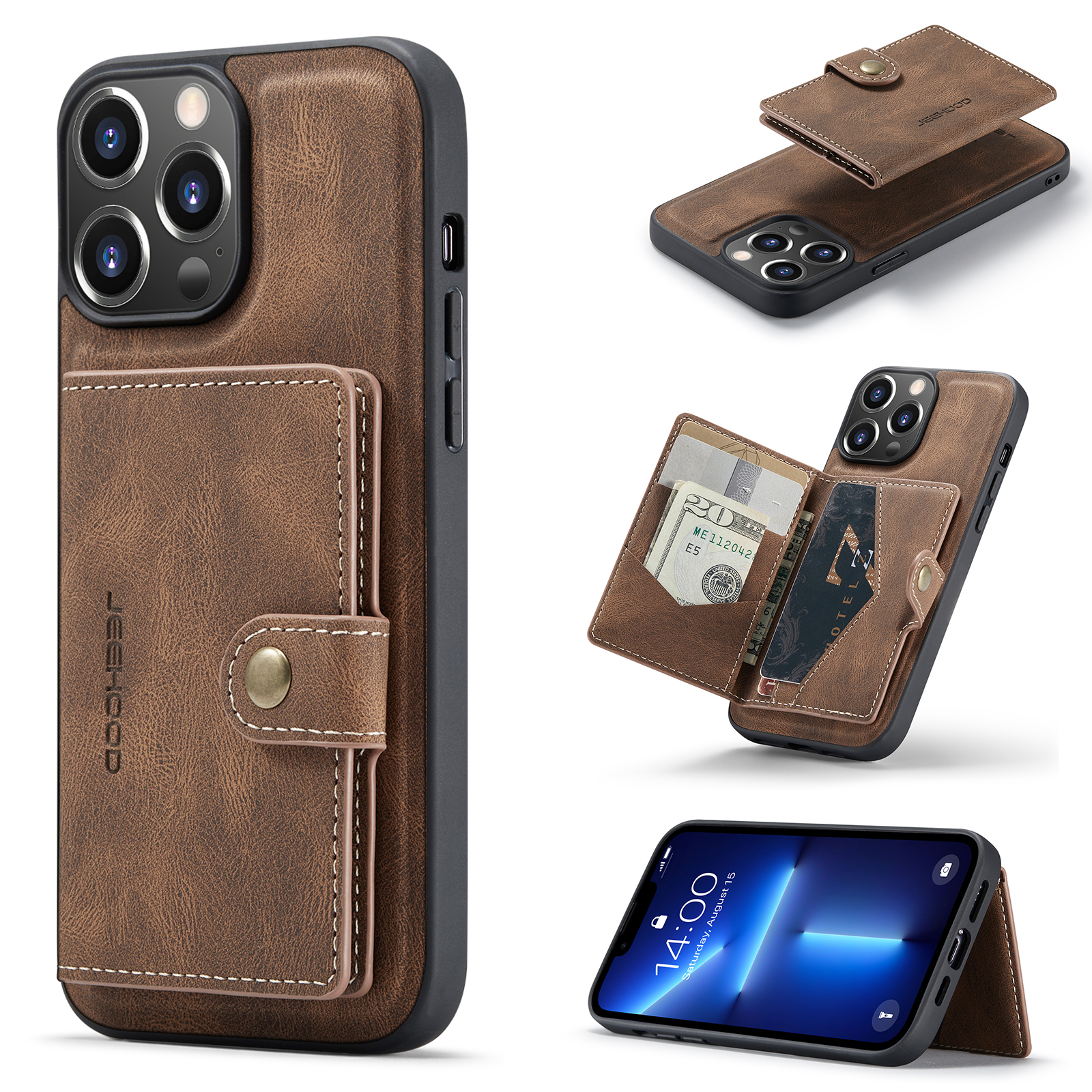 JEEHOOD J01 For iPhone 13 Pro Case Leather+TPU Phone Cover Card Holder Detachable Magnetic Back - Brown