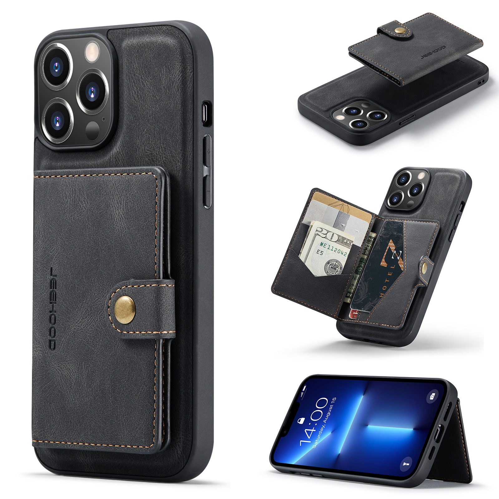 JEEHOOD J01 For iPhone 13 Pro Max Case Leather+TPU Detachable Magnetic Phone Cover Card Bag - Black