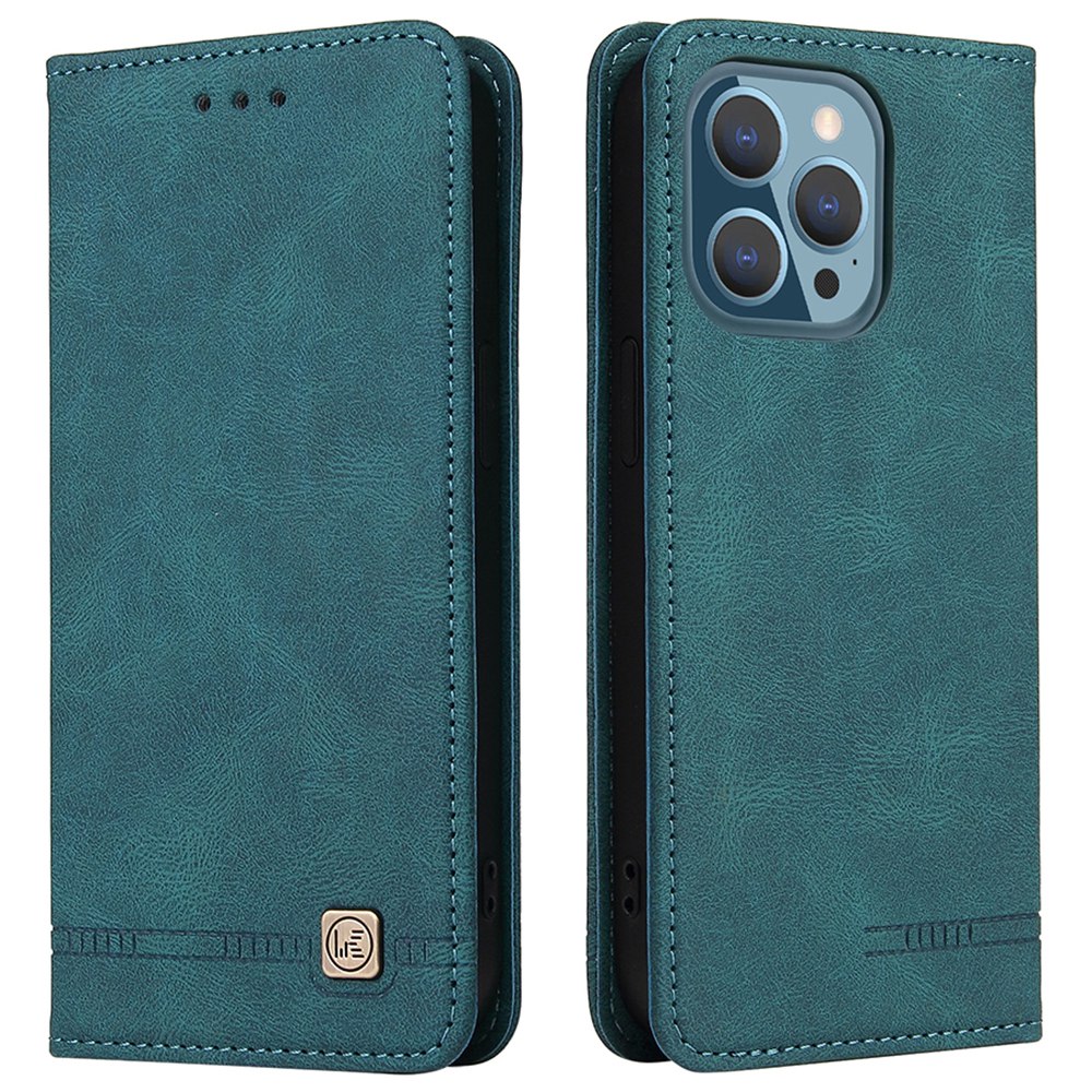 

For iPhone 13 Pro 6.1 inch Shockproof Phone Cover Hardware Decor Magnetic Business Style PU Leather Wallet Case - Green, iPhone 13 Pro
