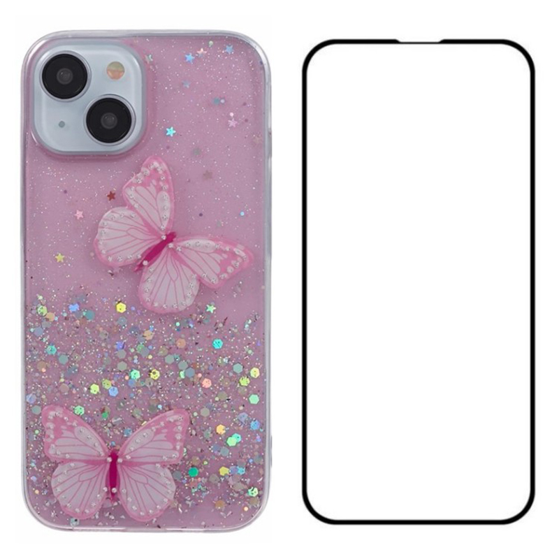 WANLONFENG AW Series for iPhone 15 Plus Case Butterfly Glitter Bling TPU Phone Cover with HD Film - Pink