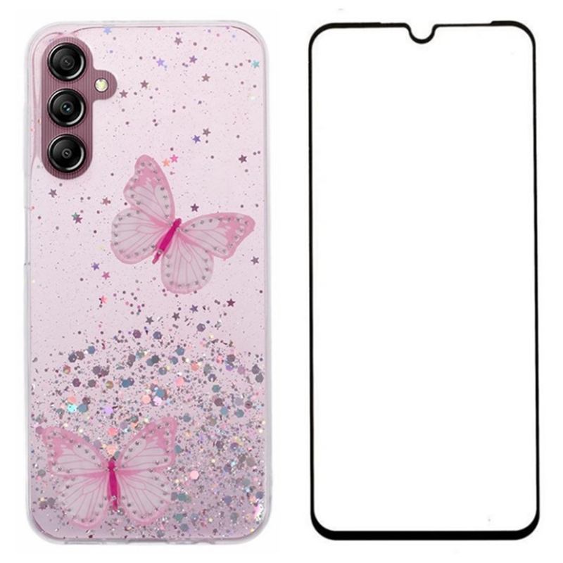 WANLONFENG AW Series for Samsung Galaxy A54 5G Case Glitter 3D Butterfly TPU Phone Cover with HD Film 2-in-1 - Pink