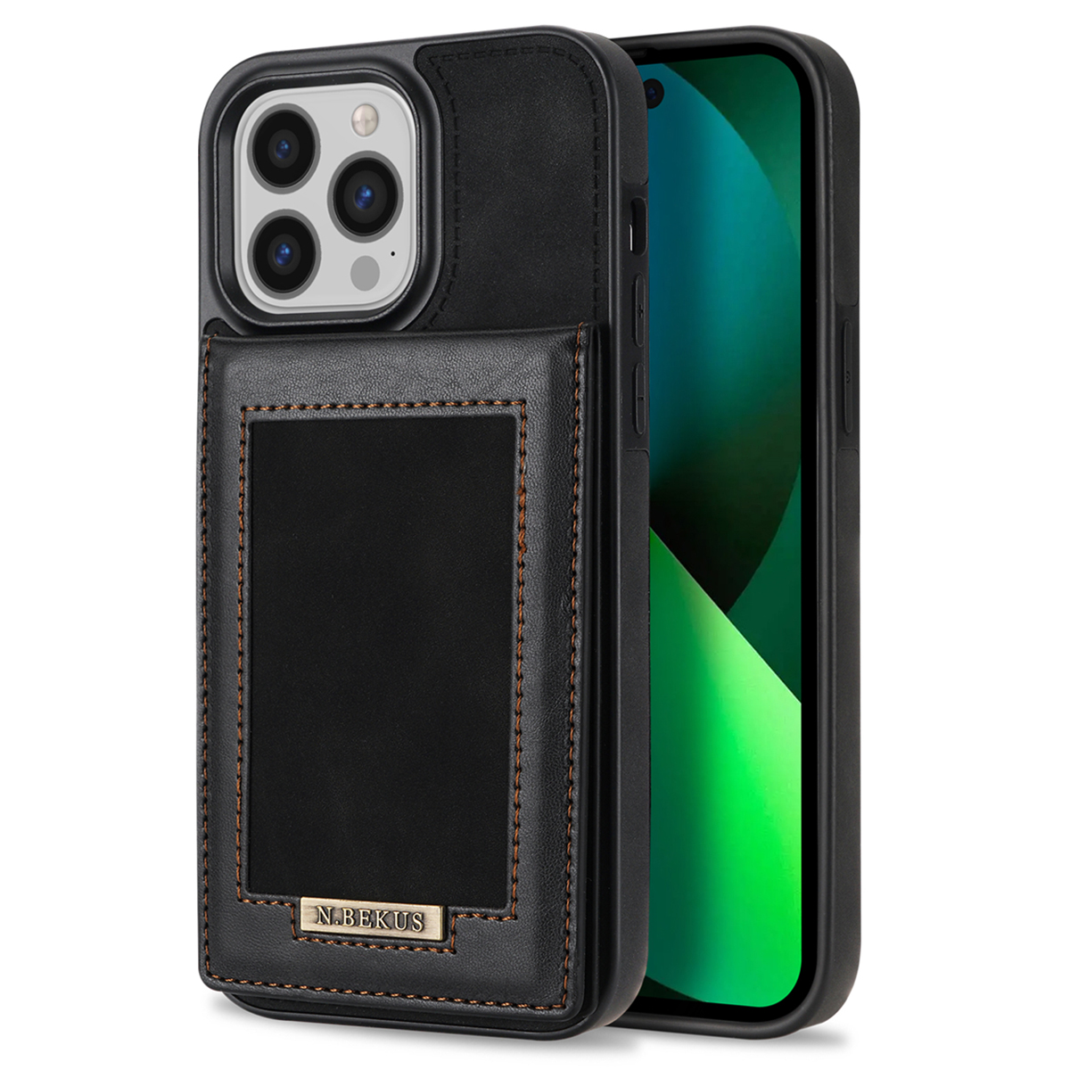 N.BEKUS For iPhone 16 Pro Kickstand Case RFID Blocking Leather+TPU Phone Cover with Card Slots - Black