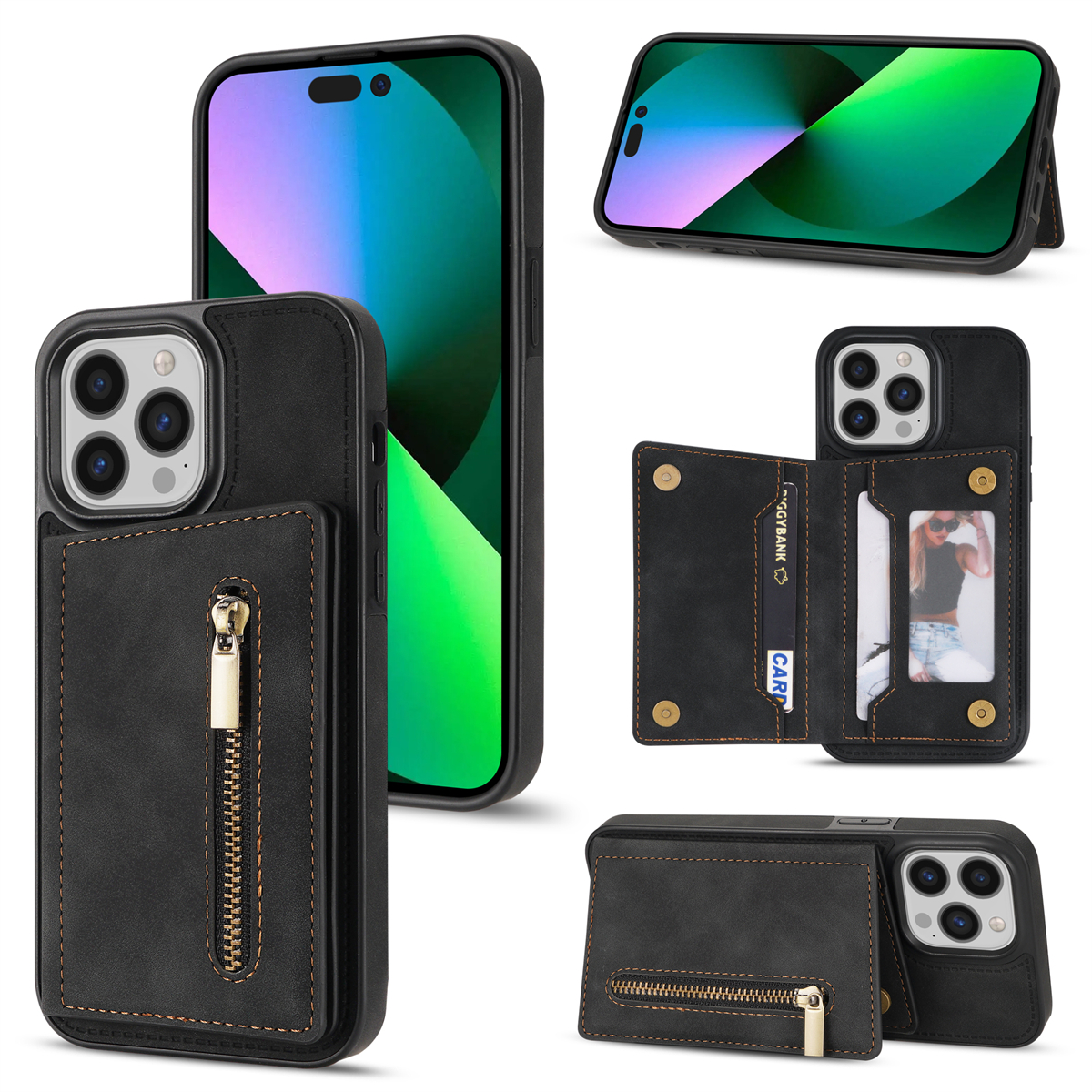 For iPhone 16 Pro Max Case Zipper Wallet Kickstand PU+TPU Phone Cover - Black