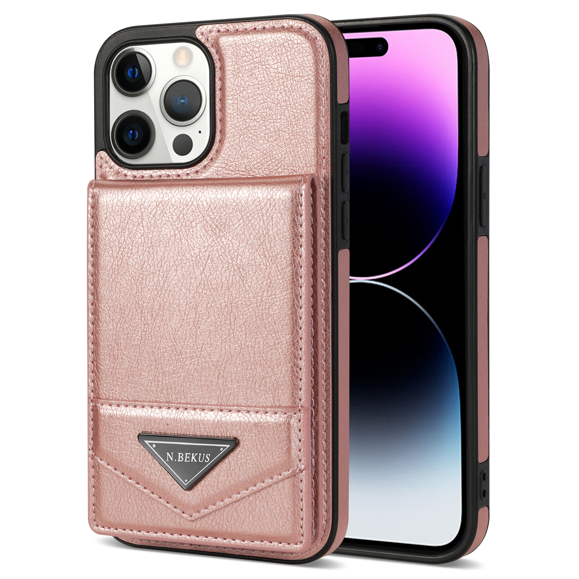 N.BEKUS For iPhone 16 Pro Case Leather+TPU Kickstand Phone Cover with Card Holder - Pink