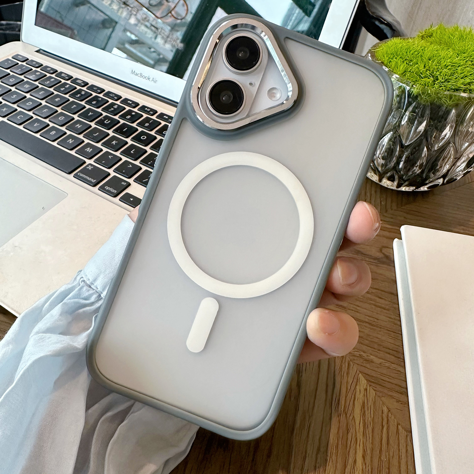 For iPhone 16 Case Compatible with MagSafe Colored Edge PC+TPU Phone Cover - Grey
