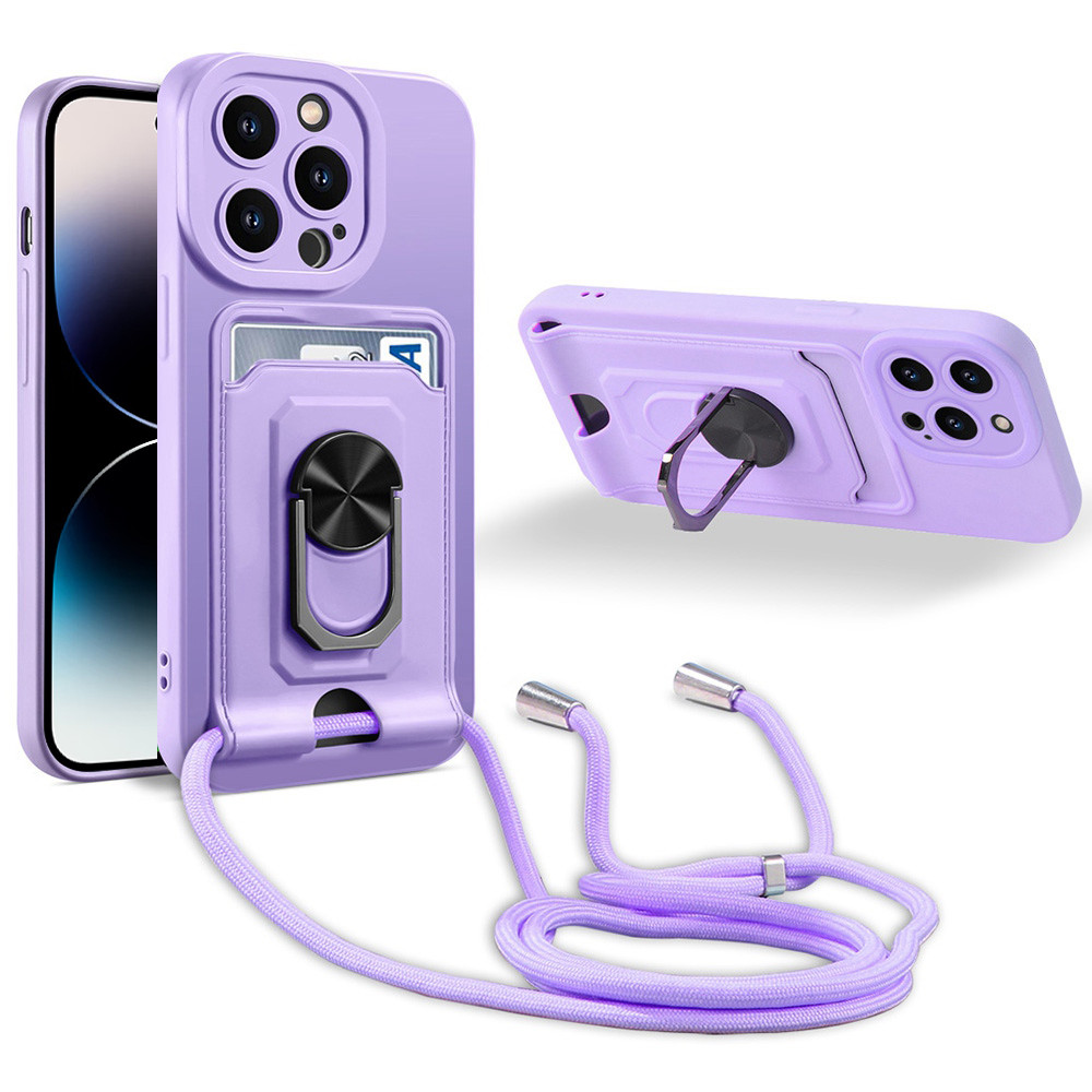 

Anti-fall-telefonhülle Für Iphone 14 Pro Max Schockdicht Kickstand-hülle Anti-kratzer-telefonschutz Mit Lanyard / Kartenhalter - Violett, iPhone 14 Pro Max