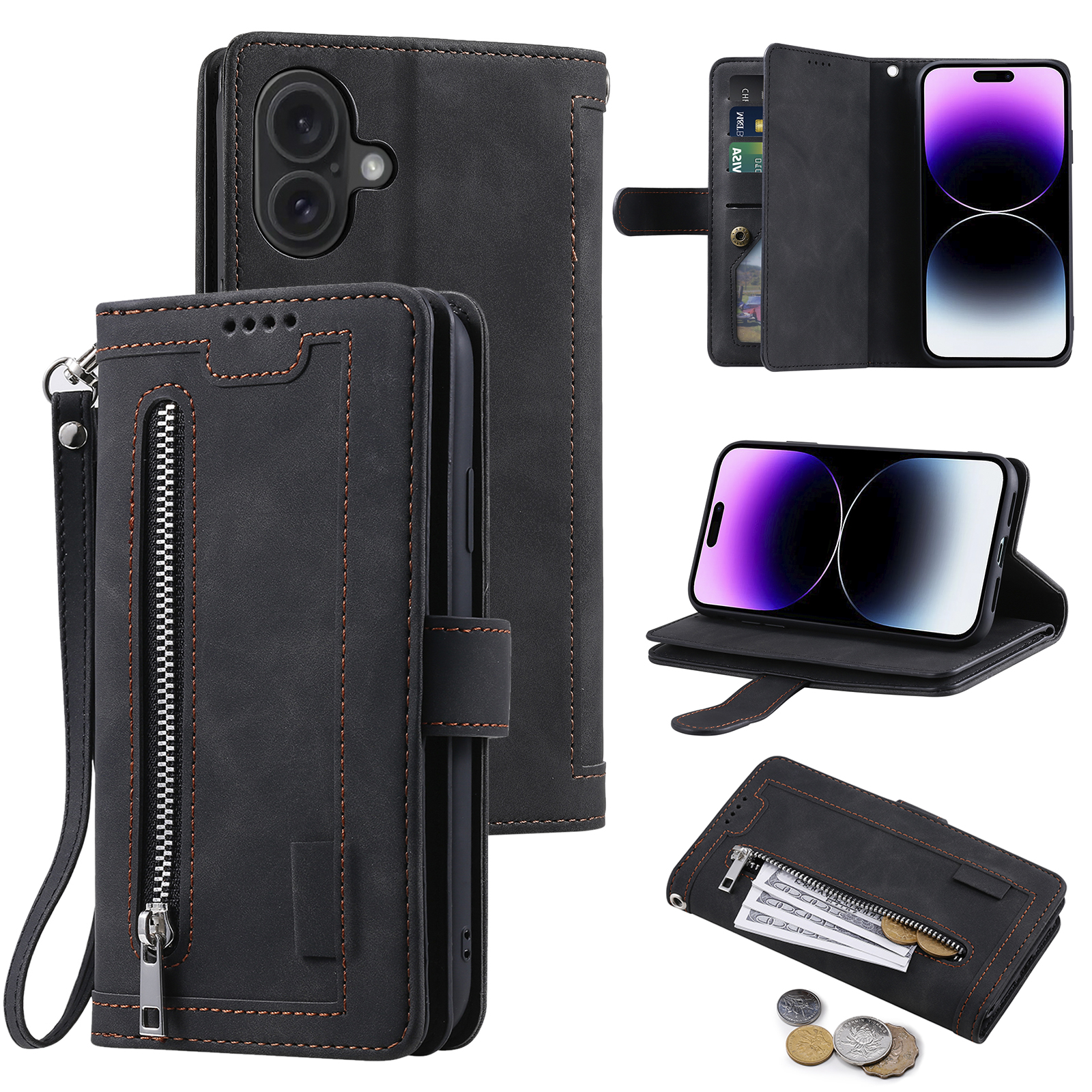 For iPhone 16 Plus Case Zipper Pocket 9 Card Slots PU Leather Phone Cover - Black