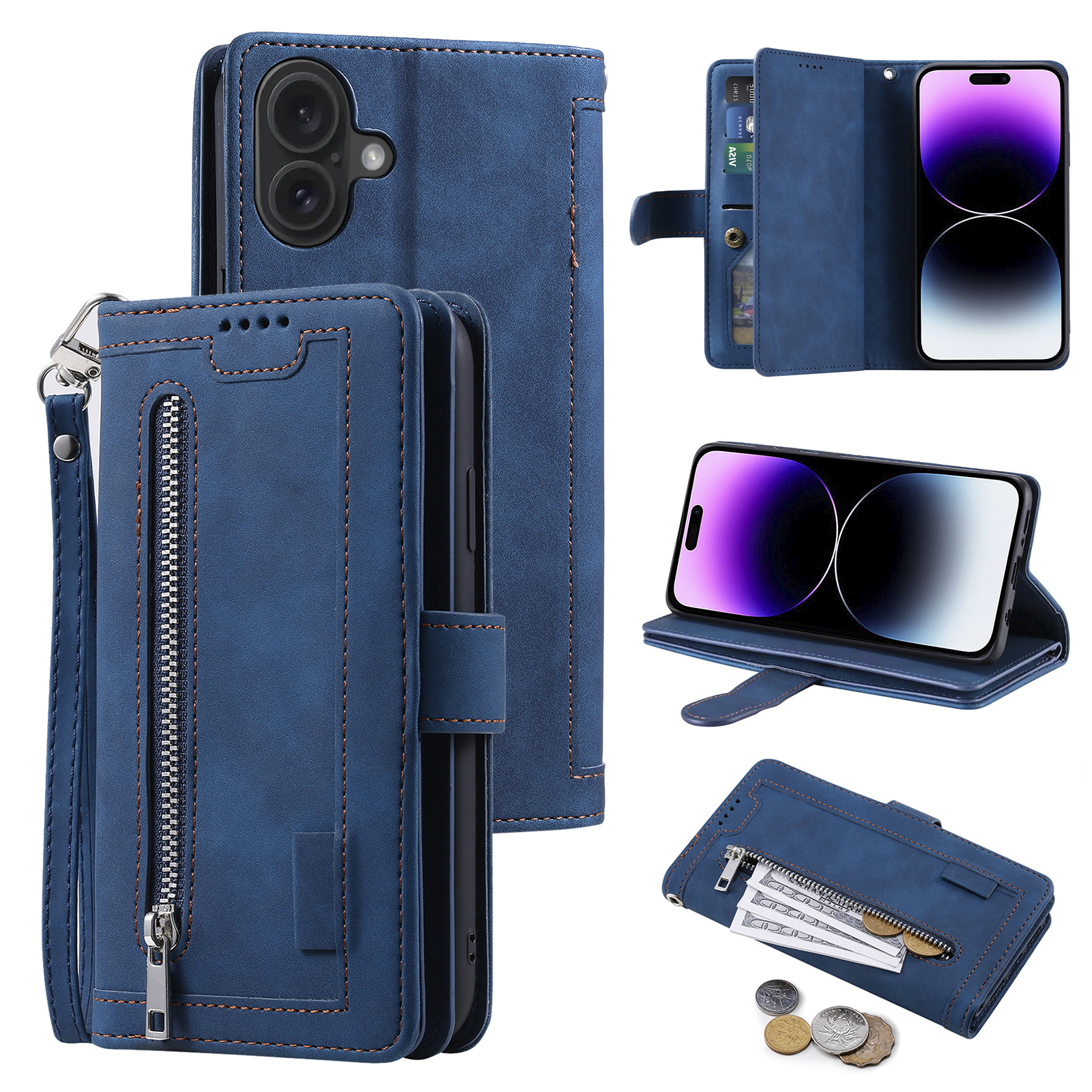 For iPhone 16 Plus Case Zipper Pocket 9 Card Slots PU Leather Phone Cover - Blue