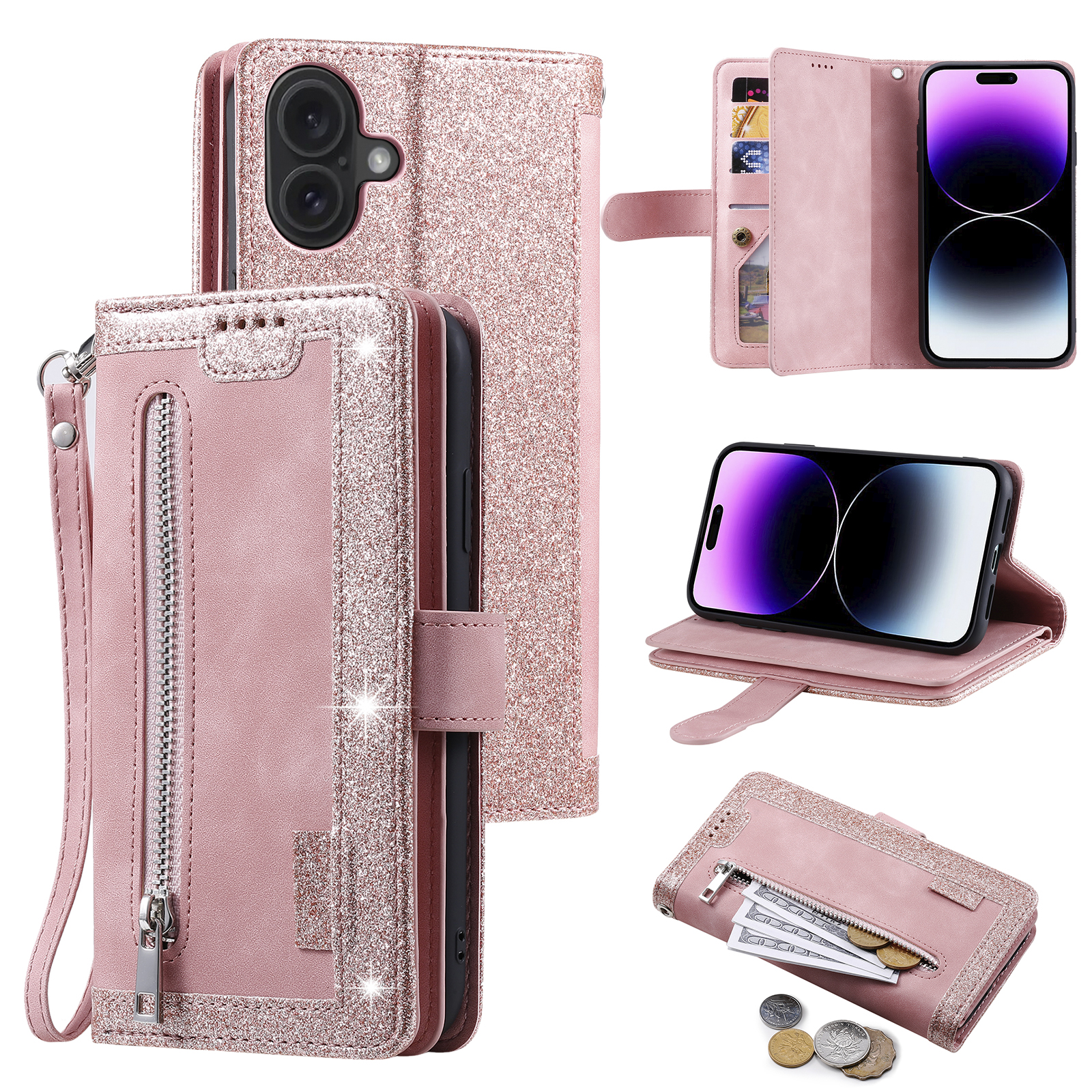For iPhone 16 Plus Case Zipper Pocket 9 Card Slots PU Leather Phone Cover - Rose Gold