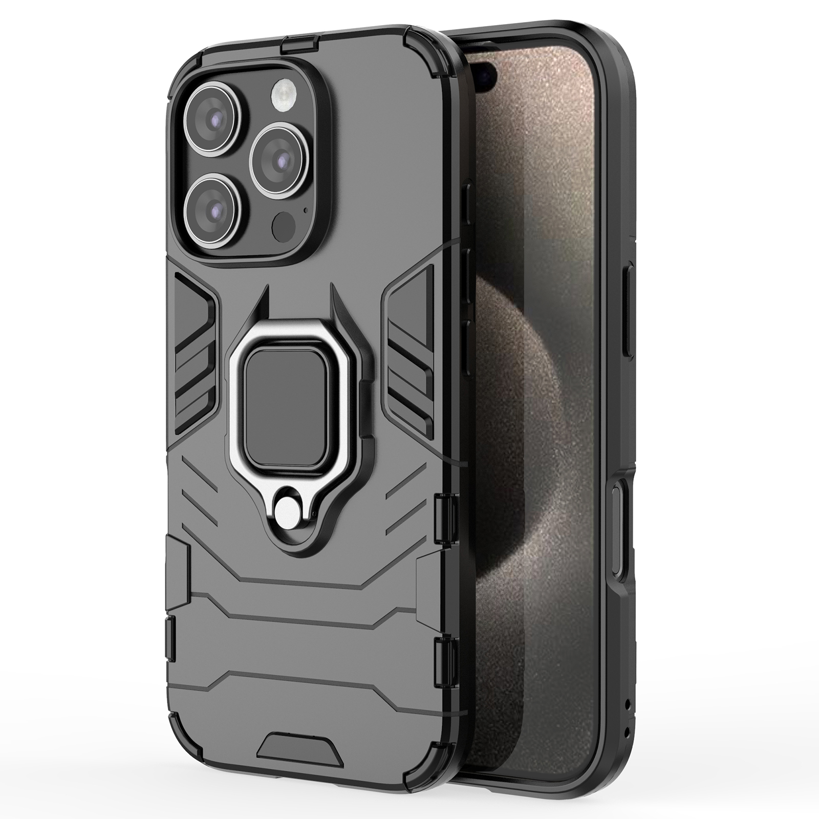 For iPhone 16 Pro Case PC+TPU Ring Kickstand Protective Phone Cover - Black