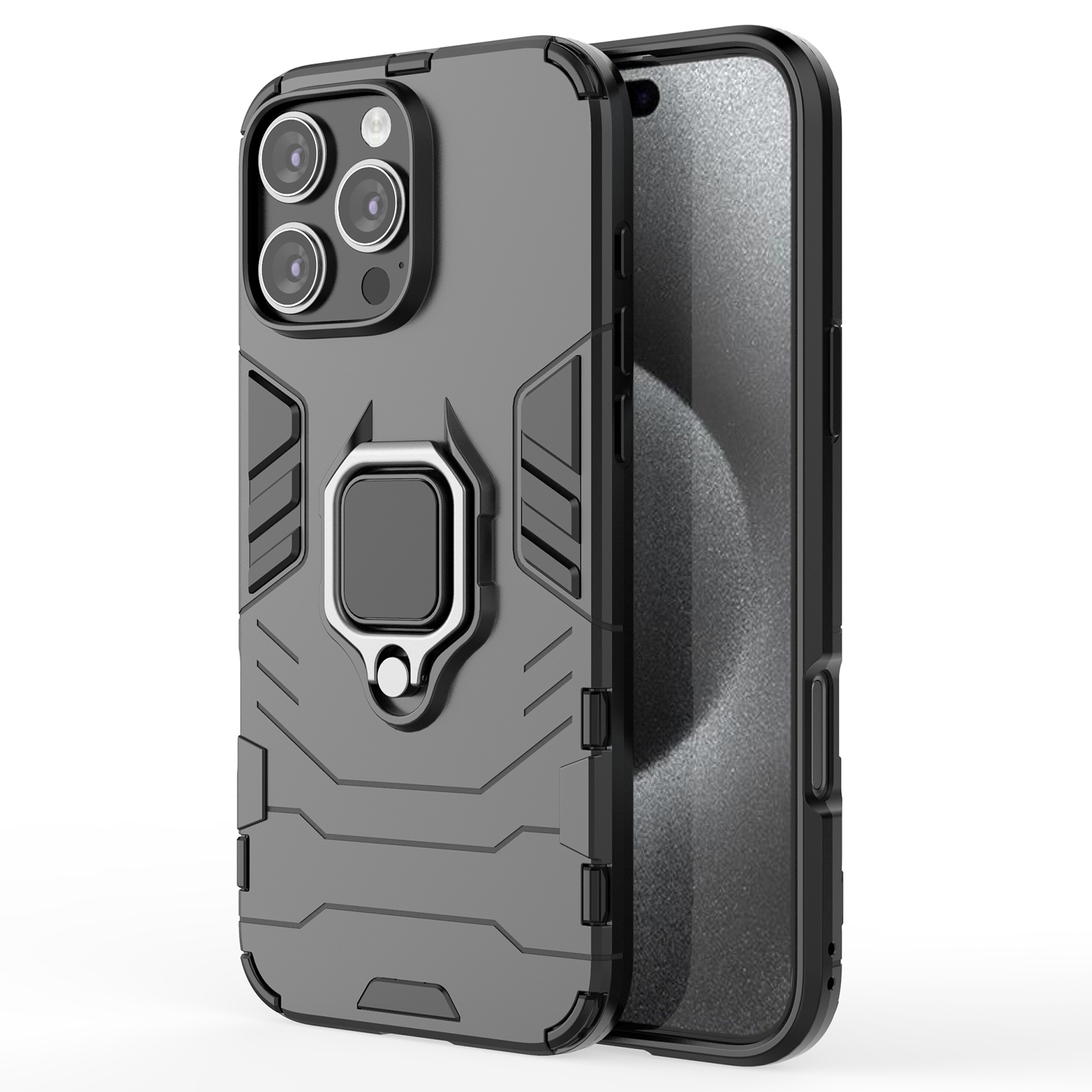 For iPhone 16 Pro Max Case PC+TPU Hybrid Phone Cover with Ring Kickstand - Black
